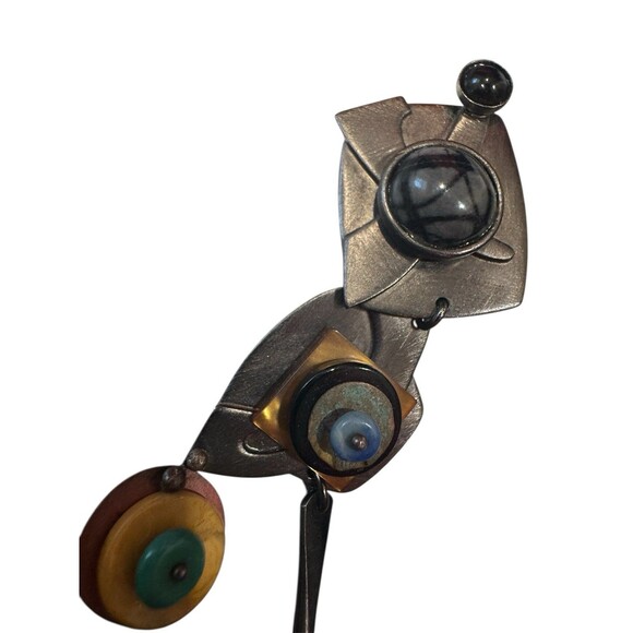 Vintage Modernist Artisan Gale Rothstein Multi Semi Precious Stone Clip Earrings - Picture 4 of 8